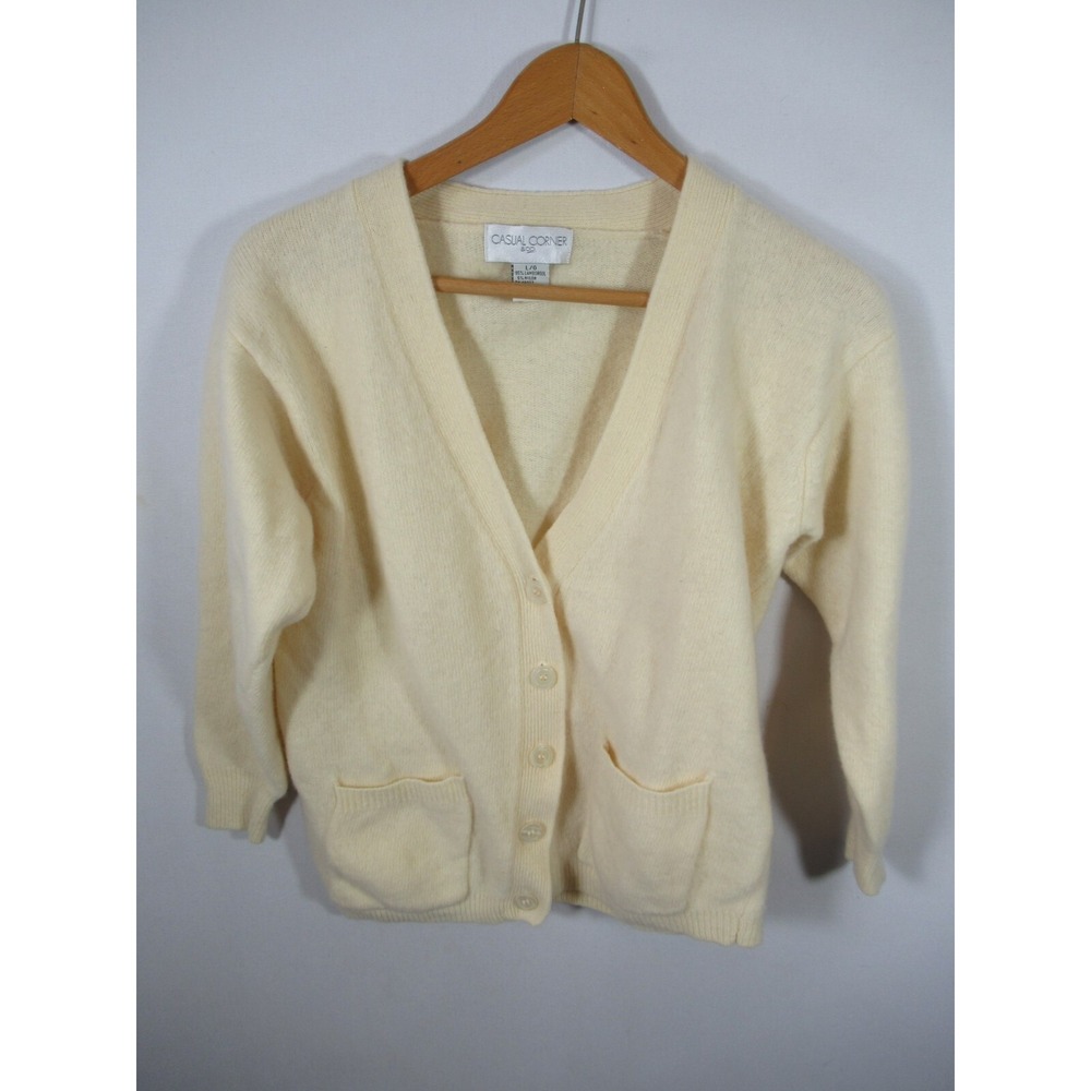 Vtg 80s 90s Casual Corner Lambswool Wool Cardigan Sweater Women L Ivory Pockets